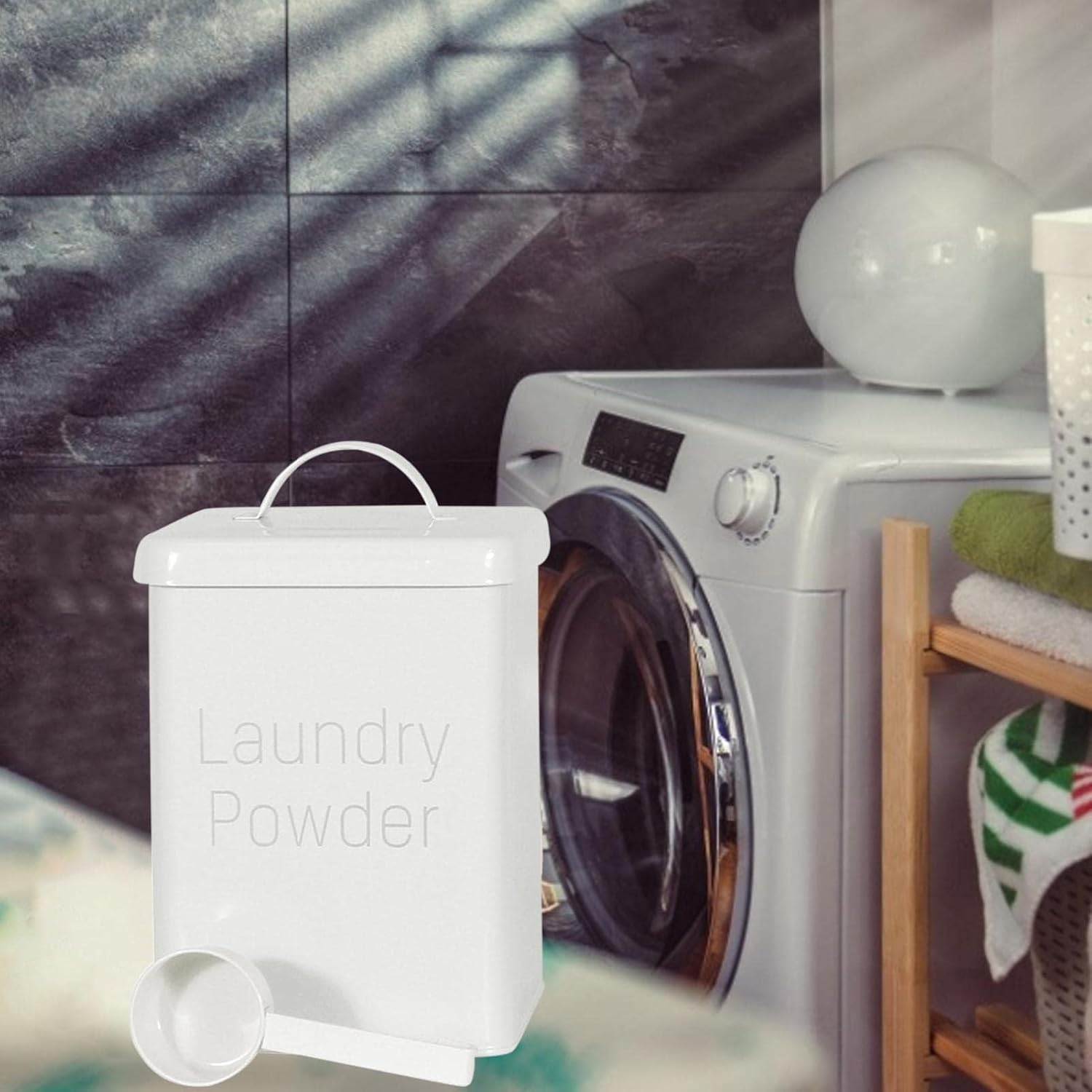 Laundry Powder Tin With Scoop - Metal Washing Powder Storage Box Container - Laundry Room Accessories For Detergent Storage