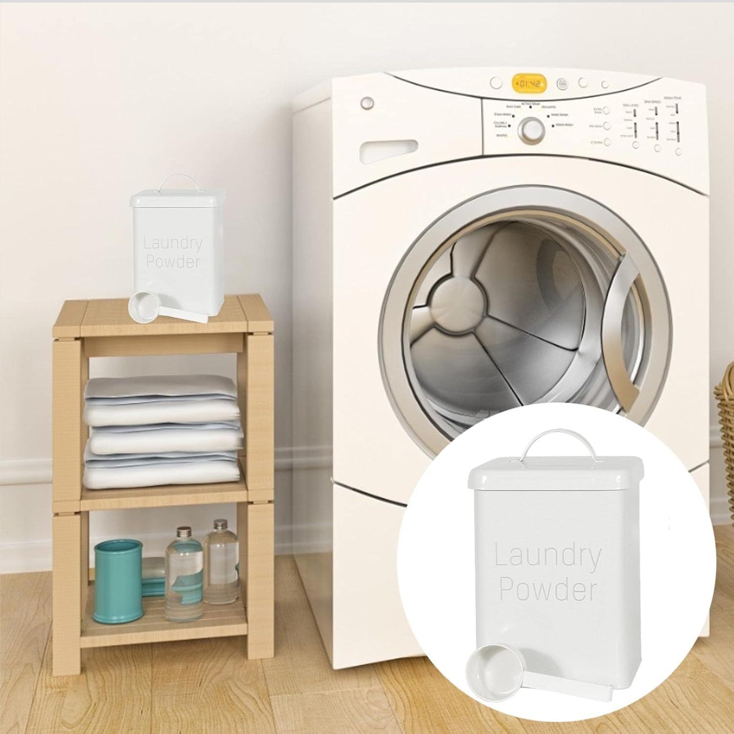 Laundry Powder Tin With Scoop - Metal Washing Powder Storage Box Container - Laundry Room Accessories For Detergent Storage