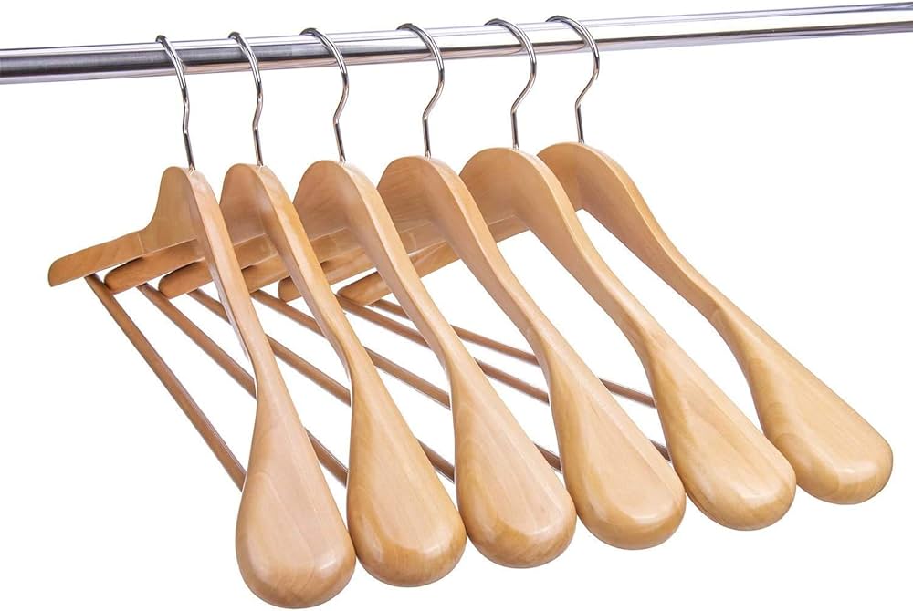 Natural Wooden Suit Hangers, 10 Pack Wood Coat Hangers, Jacket Outerwear Shirt Hangers, Glossy Finish with Extra Wide Shoulder, 360 Degree Swivel Hooks Anti-Slip Bar with Rubber