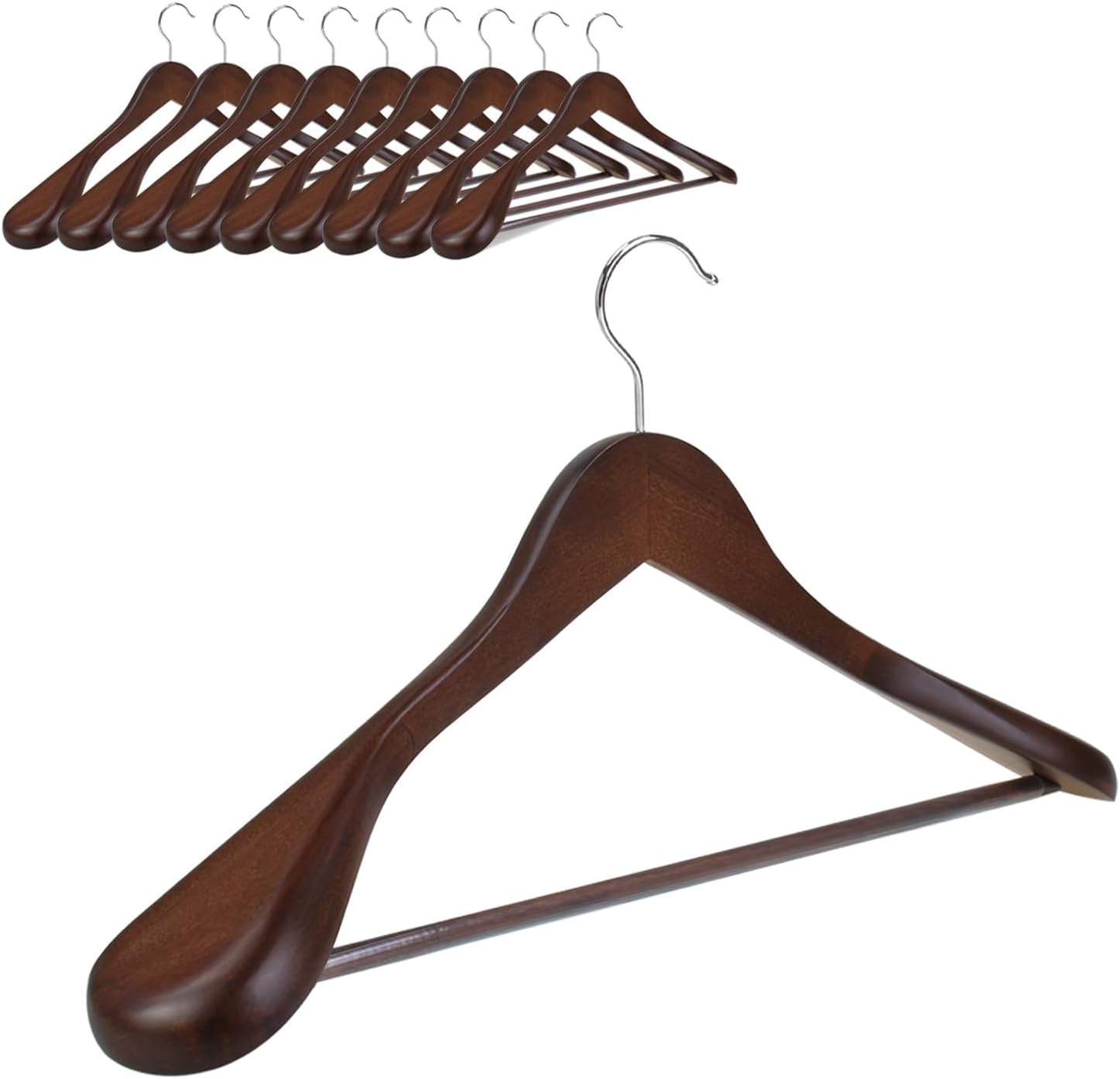 Natural Wooden Suit Hangers, 10 Pack Wood Coat Hangers, Jacket Outerwear Shirt Hangers, Glossy Finish with Extra Wide Shoulder, 360 Degree Swivel Hooks Anti-Slip Bar with Rubber