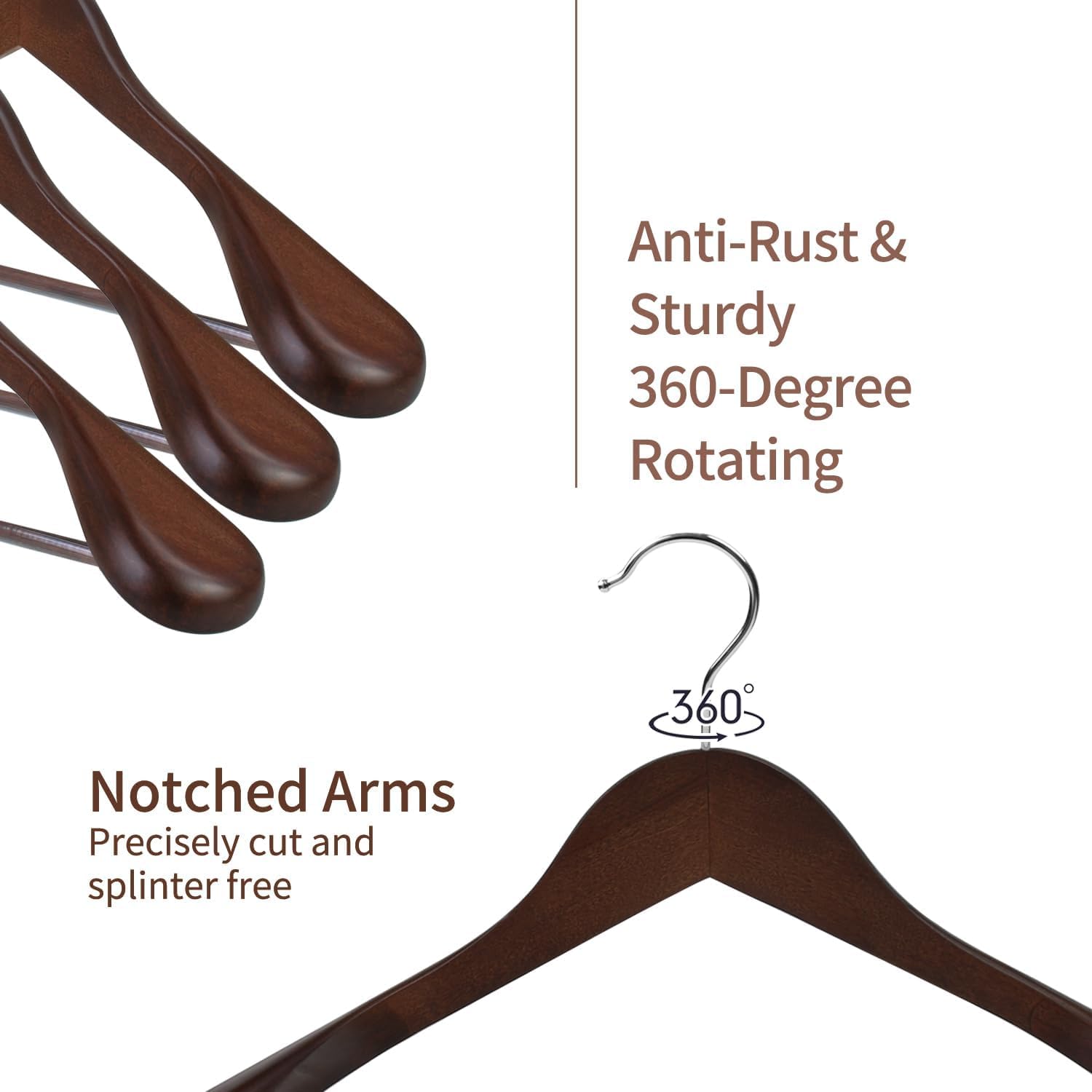 Natural Wooden Suit Hangers, 10 Pack Wood Coat Hangers, Jacket Outerwear Shirt Hangers, Glossy Finish with Extra Wide Shoulder, 360 Degree Swivel Hooks Anti-Slip Bar with Rubber