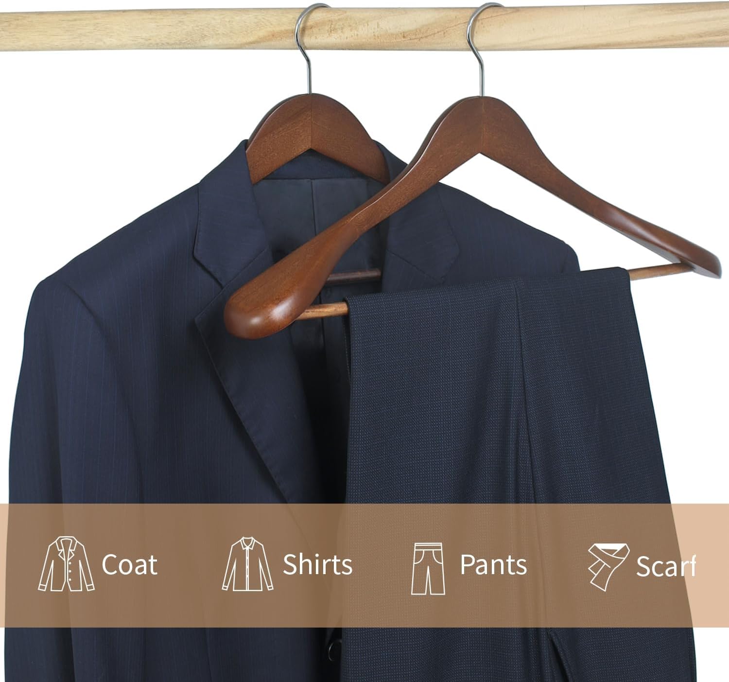 Natural Wooden Suit Hangers, 10 Pack Wood Coat Hangers, Jacket Outerwear Shirt Hangers, Glossy Finish with Extra Wide Shoulder, 360 Degree Swivel Hooks Anti-Slip Bar with Rubber