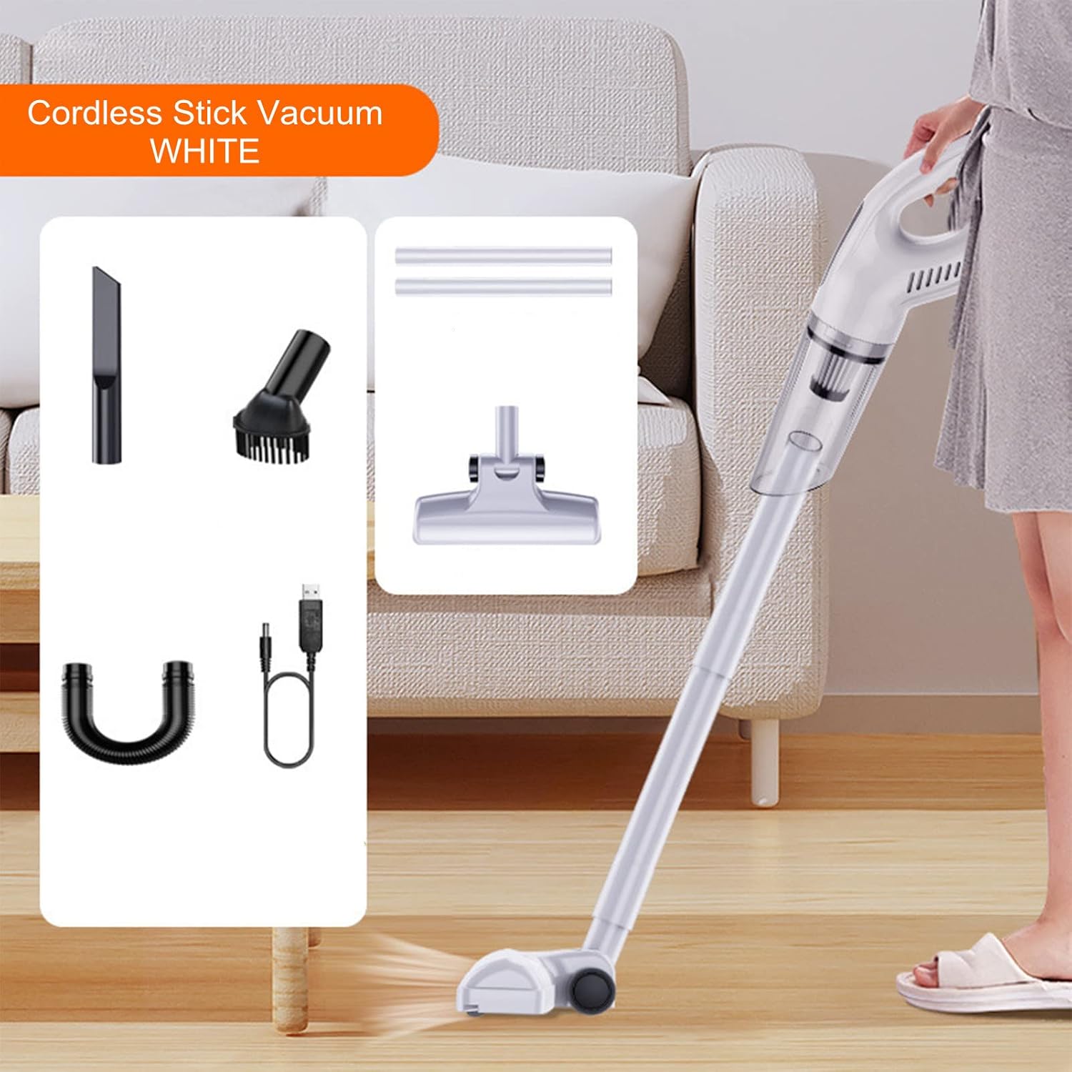 Cordless Stick Vacuum Cleaner, 30 Minute Long Run Portable Vacuum Cleaner Lightweight, Silent Cordless Vacuum Cleaner for Carpet and Hardwood Floors