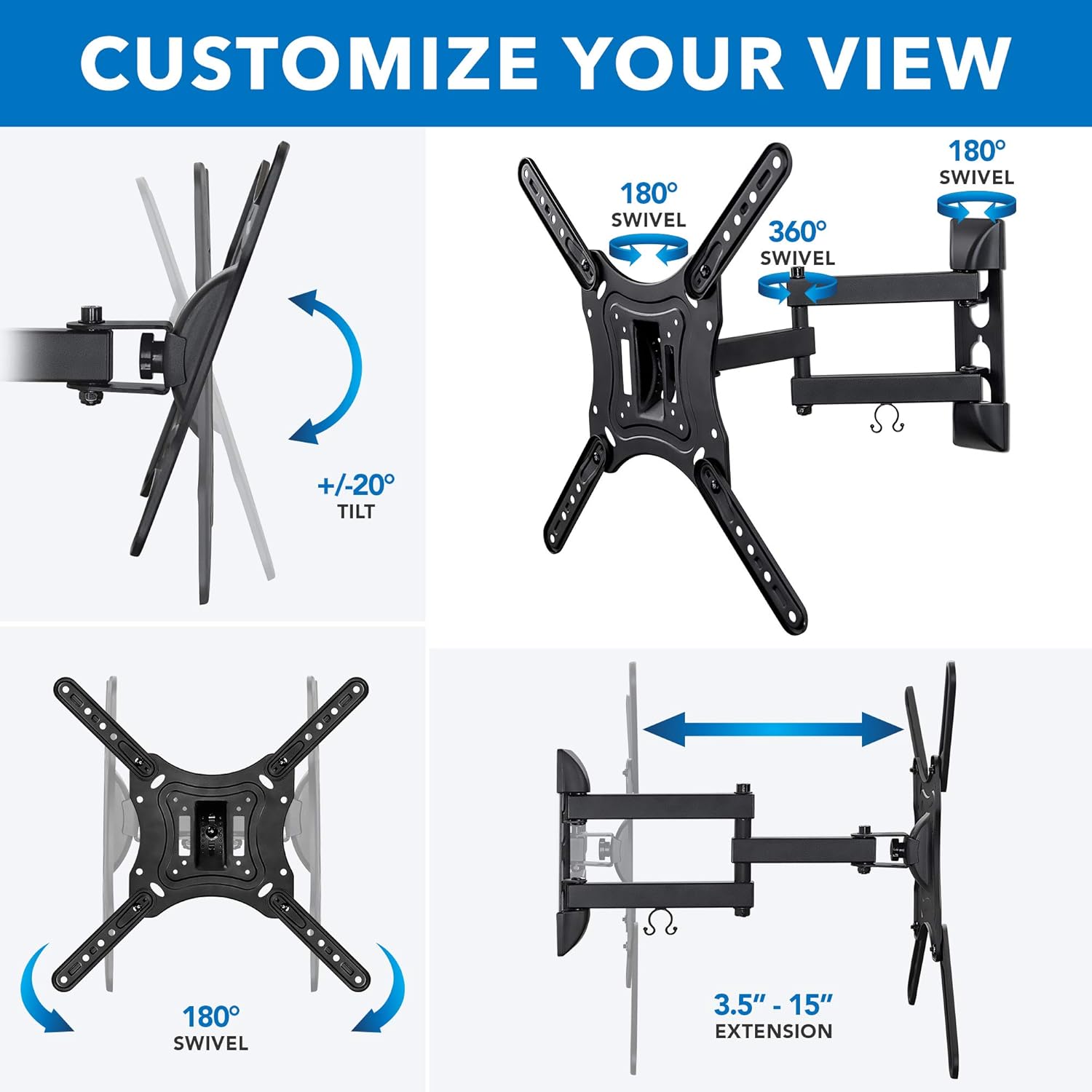 Full Motion TV Wall Mount Monitor Wall Bracket with Swivel and Articulating Tilt Arm, Fits 26 32 35 37 40 42 47 50 55 Inch LCD LED OLED Flat Screens up to 66 lbs