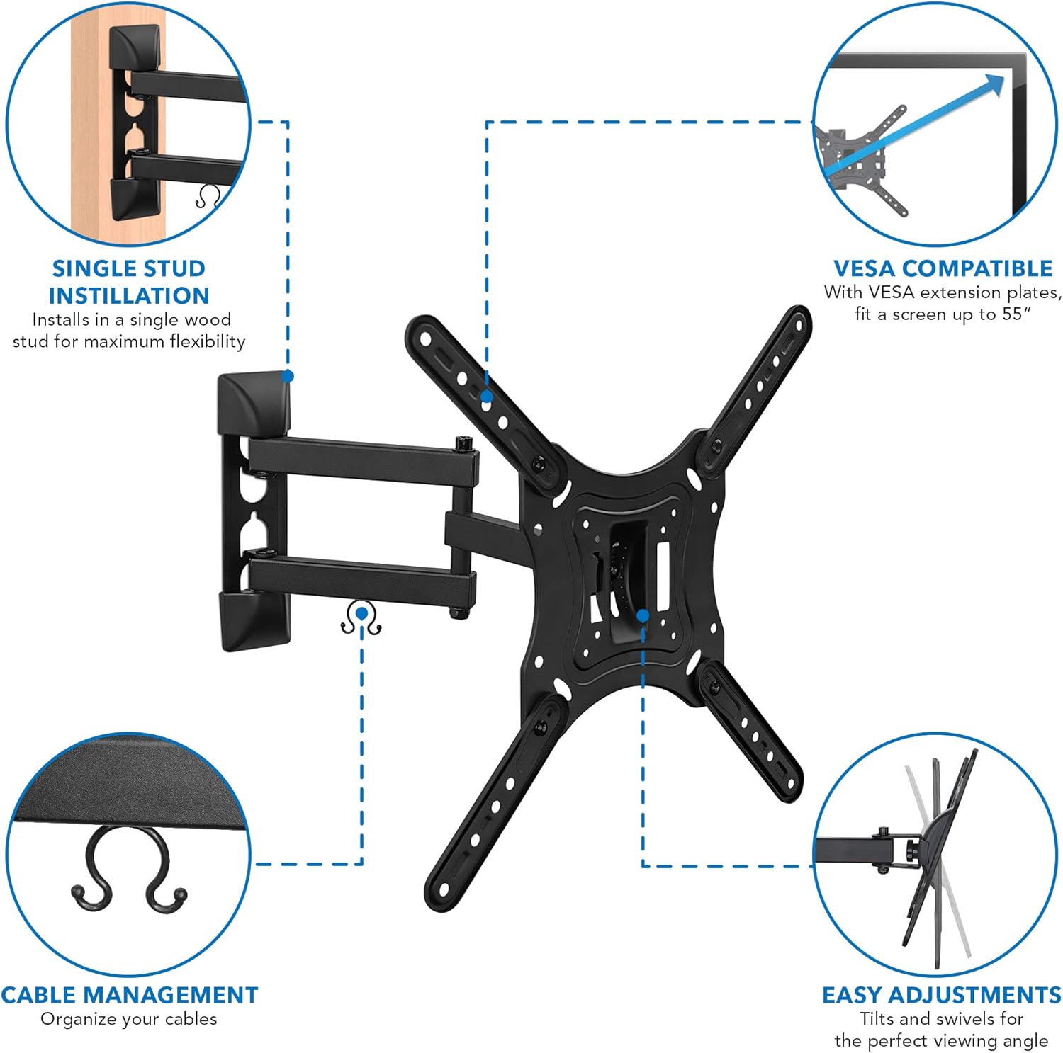 Full Motion TV Wall Mount Monitor Wall Bracket with Swivel and Articulating Tilt Arm, Fits 26 32 35 37 40 42 47 50 55 Inch LCD LED OLED Flat Screens up to 66 lbs