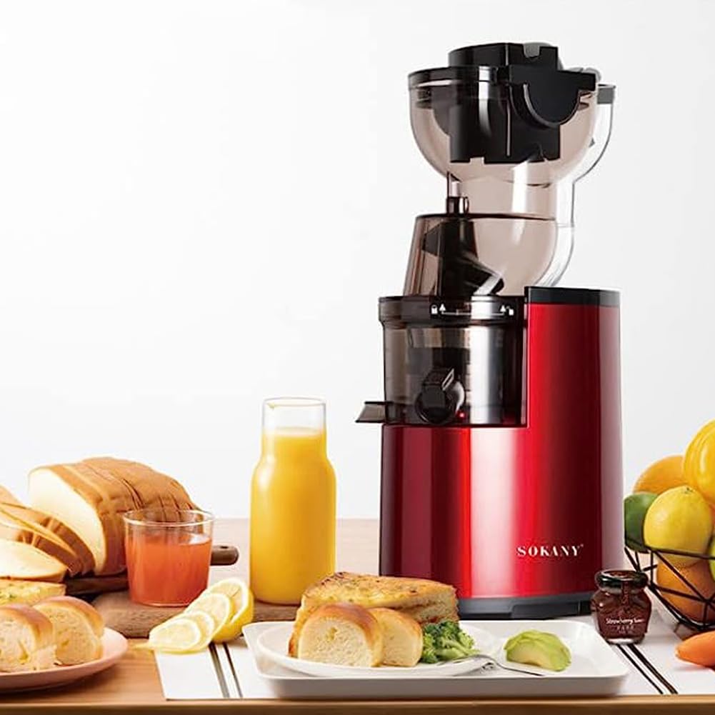 SOKANY SK-25 300W Juice Extractor, 80mm Wide Mouth, Juice Pitcher, Pulp Container, Reverse Chew Function, Slow Rotating Juice Extractor for Whole Fruits, Red