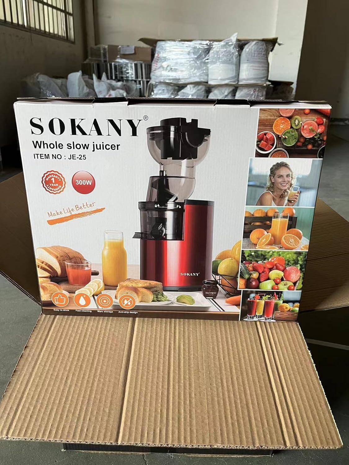 SOKANY SK-25 300W Juice Extractor, 80mm Wide Mouth, Juice Pitcher, Pulp Container, Reverse Chew Function, Slow Rotating Juice Extractor for Whole Fruits, Red