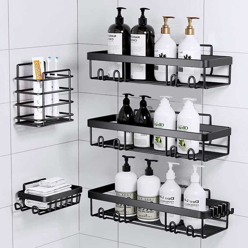 Modern Black Shower Caddy, 5-Piece Set with Soap & Toothbrush Holder, Stainless Steel Wall Rack Baskets, Adhesives Mounted (6 PCS)