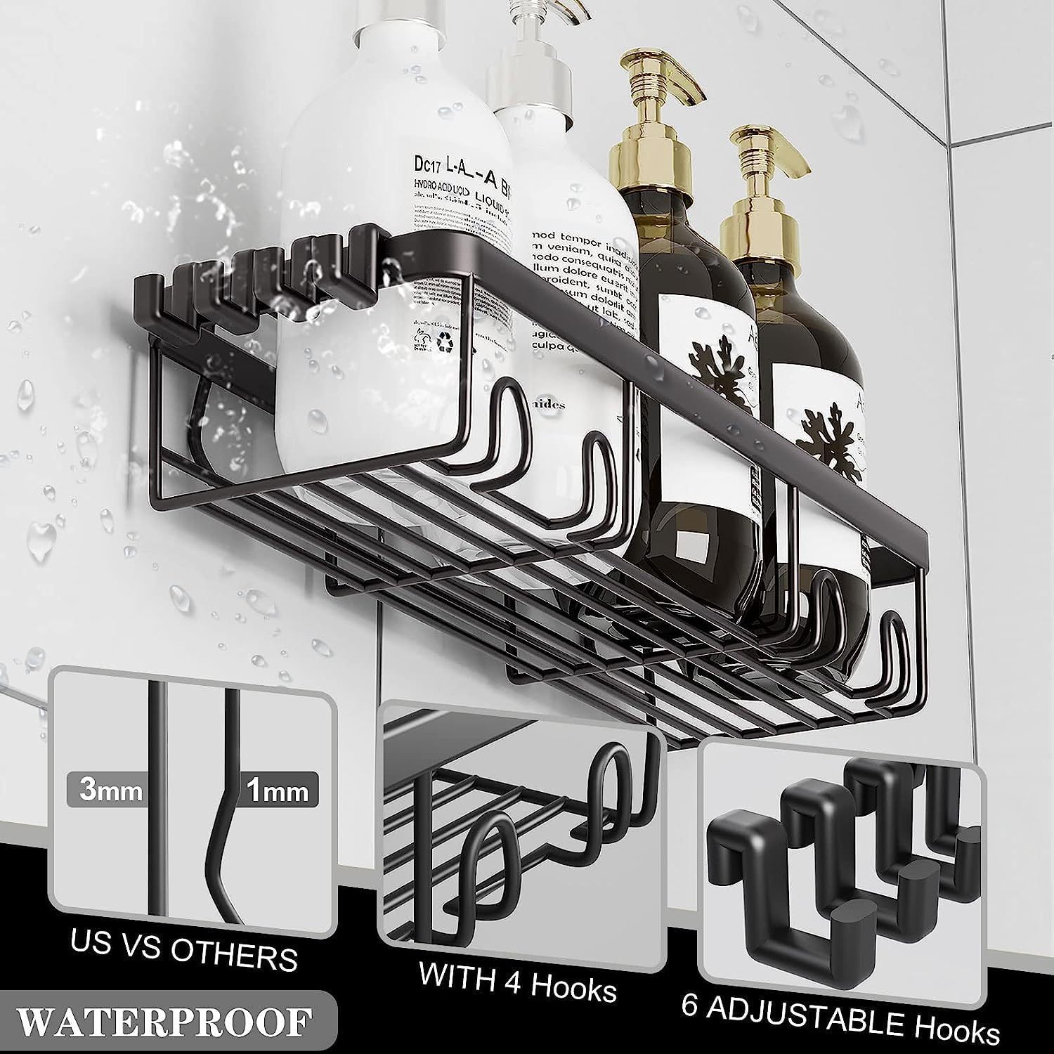 Modern Black Shower Caddy, 5-Piece Set with Soap & Toothbrush Holder, Stainless Steel Wall Rack Baskets, Adhesives Mounted (6 PCS)