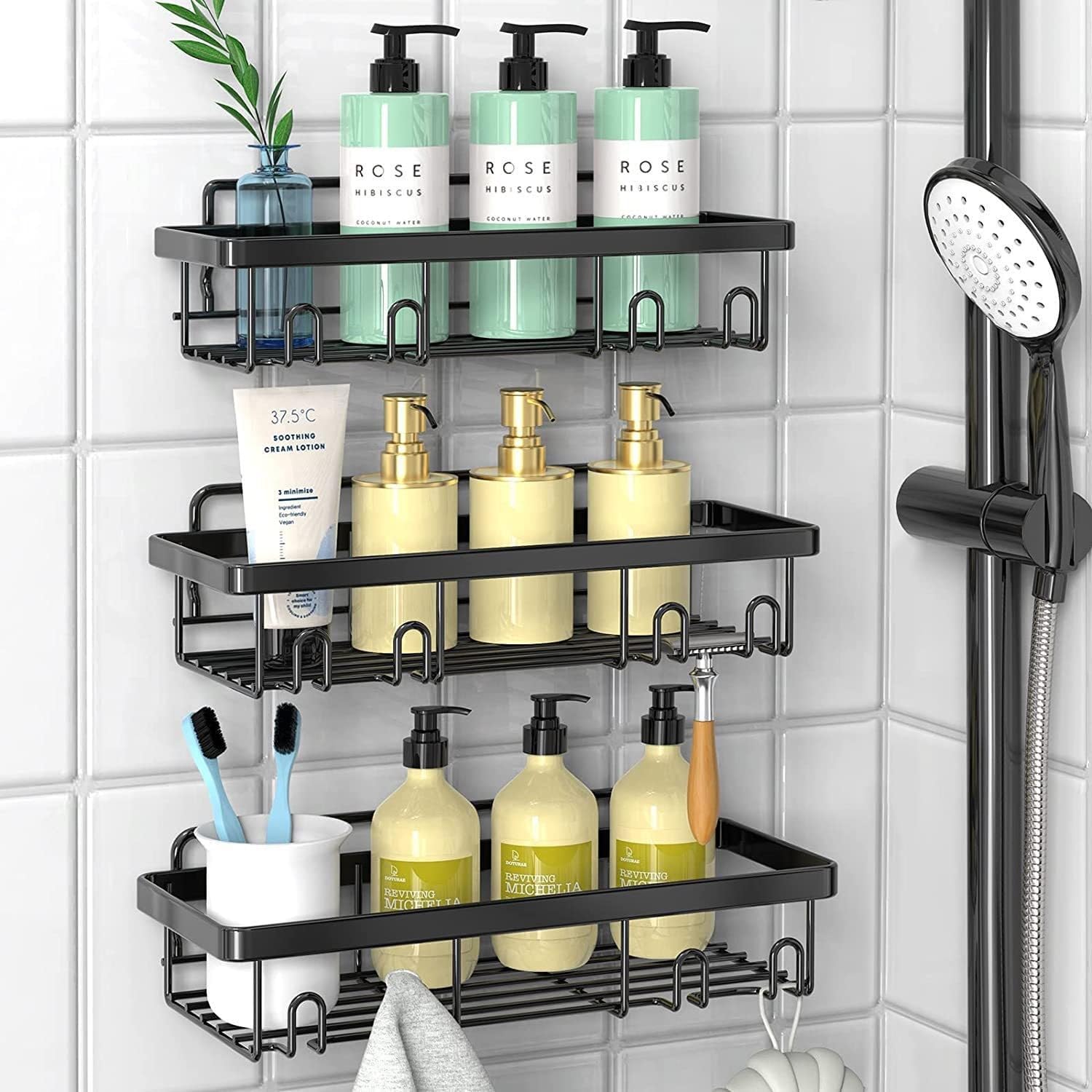 Modern Black Shower Caddy, 5-Piece Set with Soap & Toothbrush Holder, Stainless Steel Wall Rack Baskets, Adhesives Mounted (6 PCS)