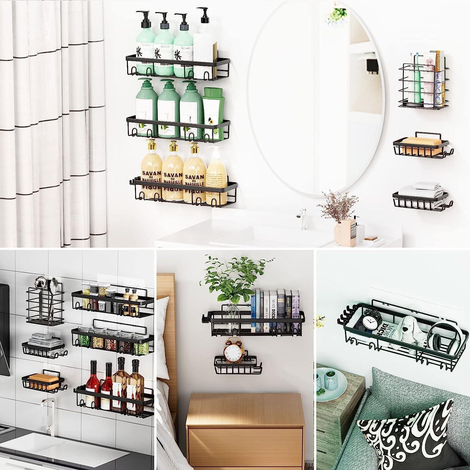 Modern Black Shower Caddy, 5-Piece Set with Soap & Toothbrush Holder, Stainless Steel Wall Rack Baskets, Adhesives Mounted (6 PCS)