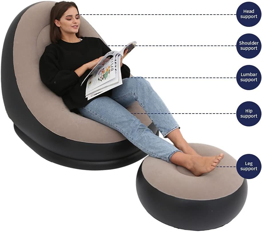 Inflatable Leisure Sofa Chair with Footstool & air Pump, Outdoor Folding Lounger Sofa Flocking Lazy Couch Indoor Living Room Bedroom Reading Room Ofice Inflatable Leisure Game Chair