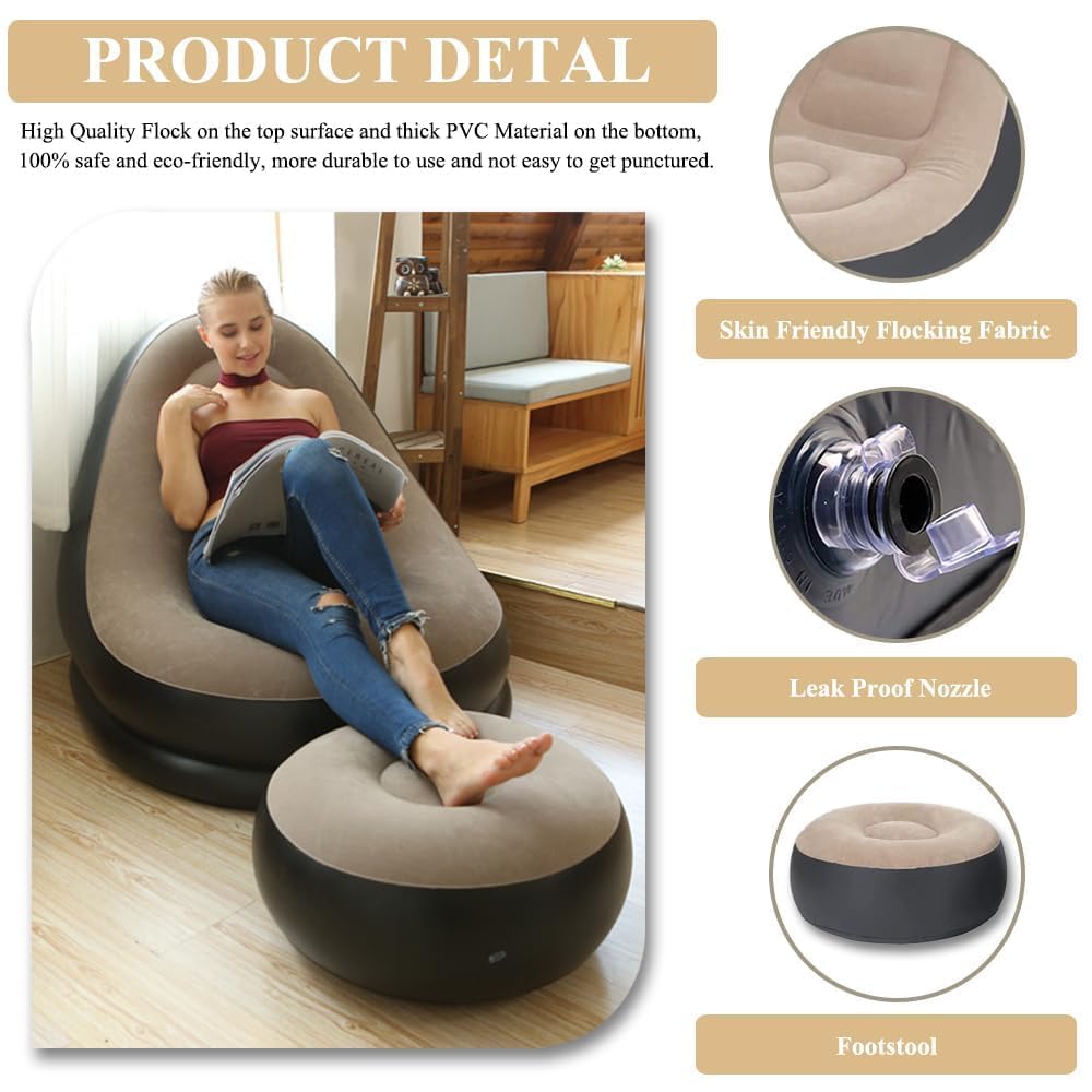 Inflatable Leisure Sofa Chair with Footstool & air Pump, Outdoor Folding Lounger Sofa Flocking Lazy Couch Indoor Living Room Bedroom Reading Room Ofice Inflatable Leisure Game Chair