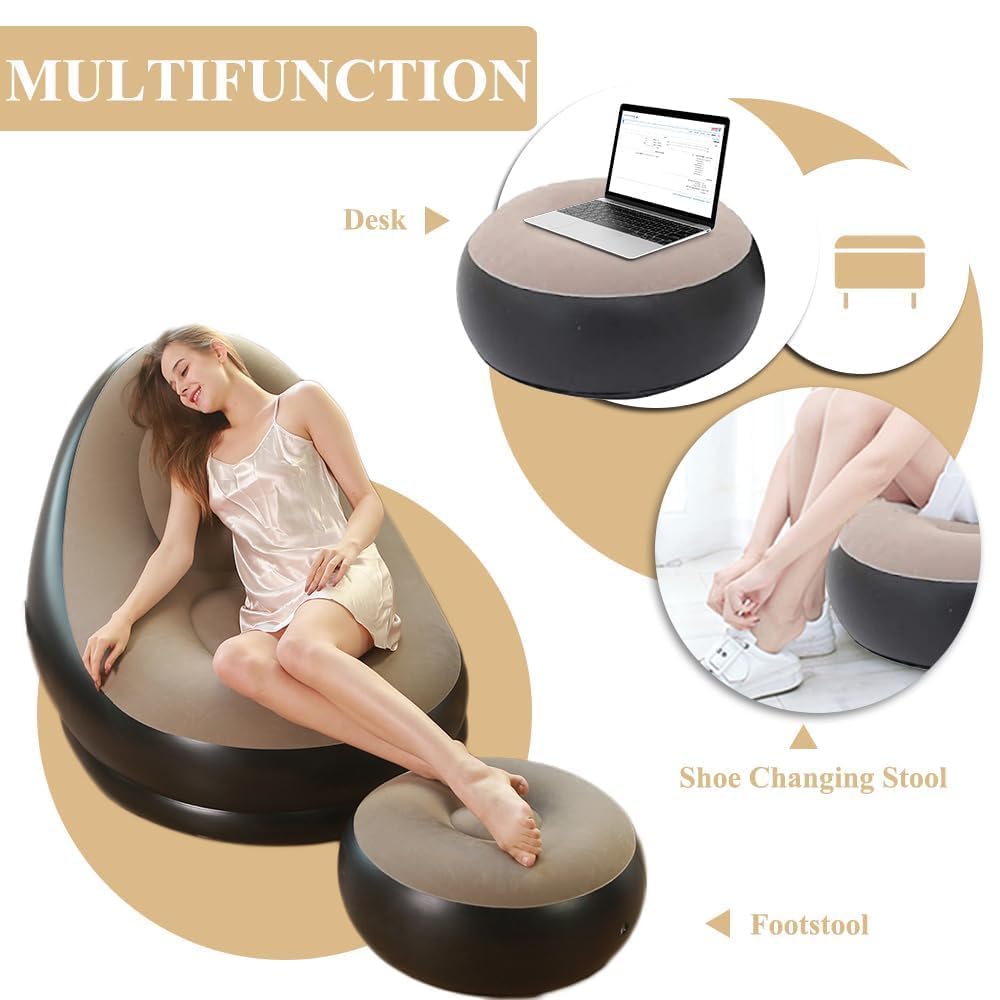 Inflatable Leisure Sofa Chair with Footstool & air Pump, Outdoor Folding Lounger Sofa Flocking Lazy Couch Indoor Living Room Bedroom Reading Room Ofice Inflatable Leisure Game Chair