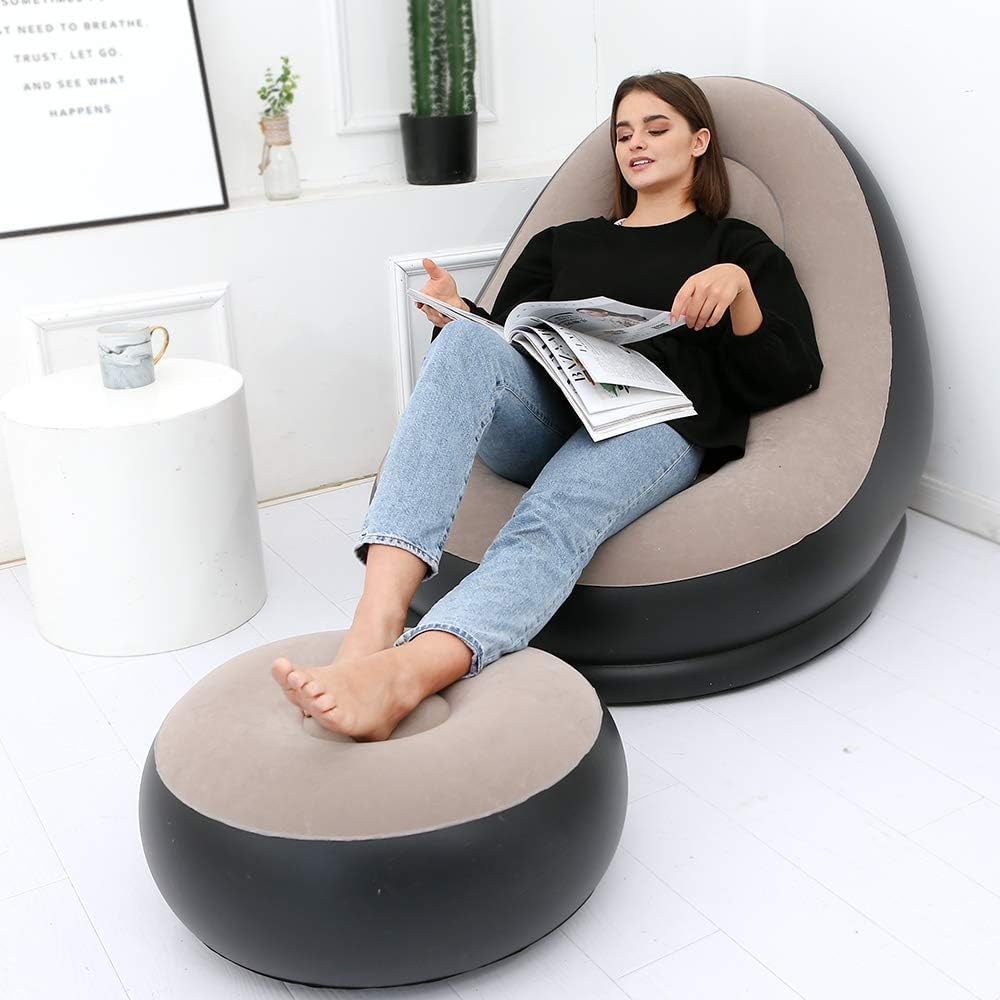 Inflatable Leisure Sofa Chair with Footstool & air Pump, Outdoor Folding Lounger Sofa Flocking Lazy Couch Indoor Living Room Bedroom Reading Room Ofice Inflatable Leisure Game Chair