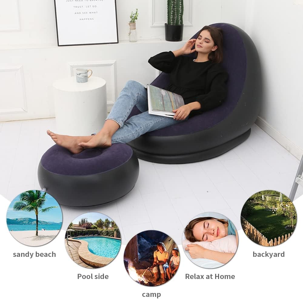 Inflatable Leisure Sofa Chair with Footstool & air Pump, Outdoor Folding Lounger Sofa Flocking Lazy Couch Indoor Living Room Bedroom Reading Room Ofice Inflatable Leisure Game Chair