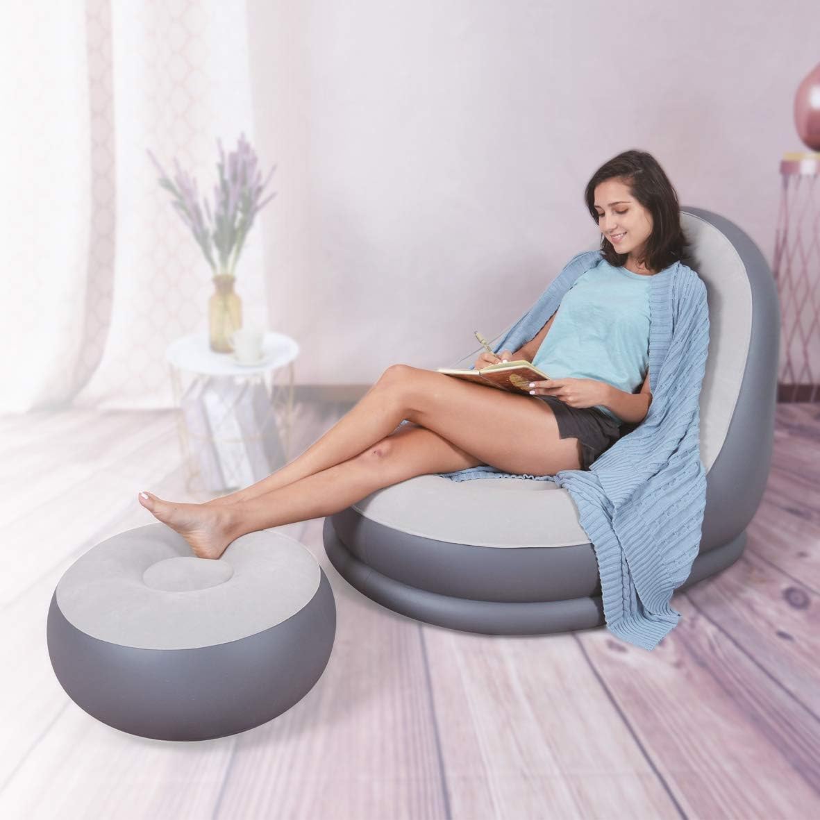 Inflatable Leisure Sofa Chair with Footstool & air Pump, Outdoor Folding Lounger Sofa Flocking Lazy Couch Indoor Living Room Bedroom Reading Room Ofice Inflatable Leisure Game Chair
