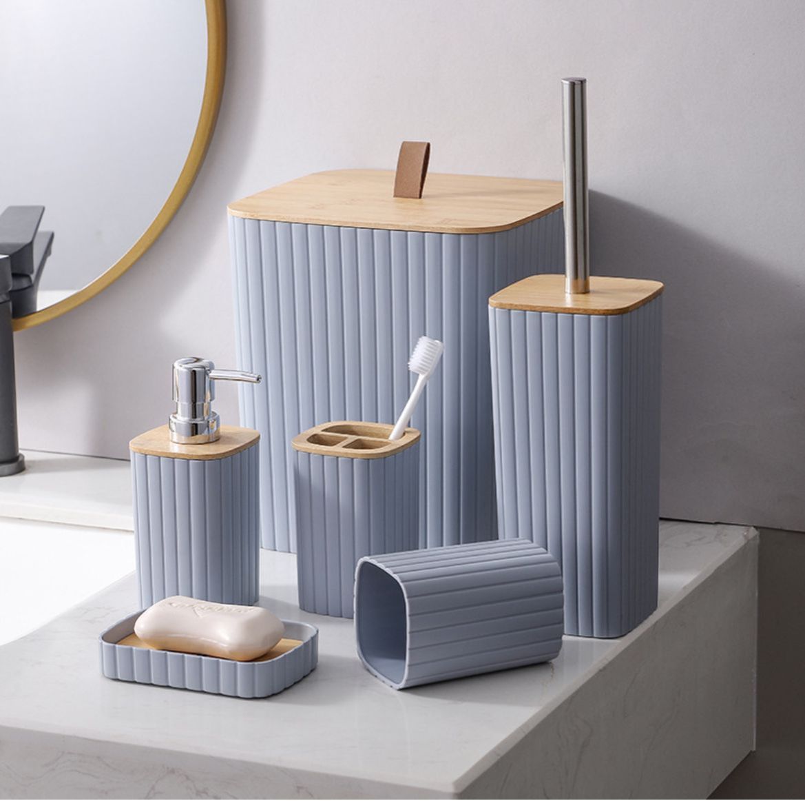 6-in-1 Bathroom Accessories Set with Wooden Top