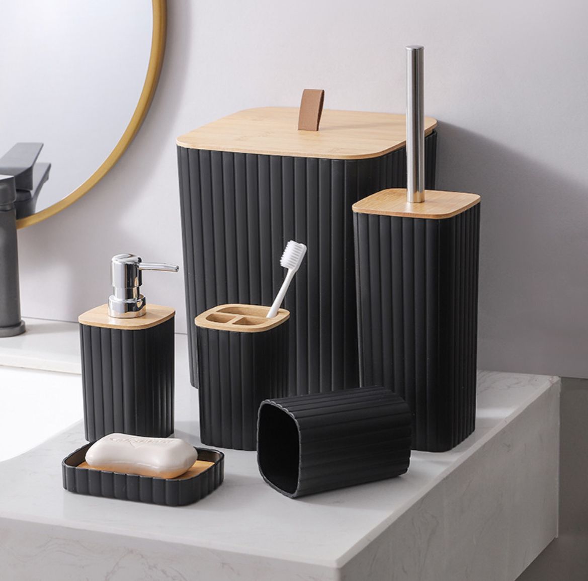 6-in-1 Bathroom Accessories Set with Wooden Top