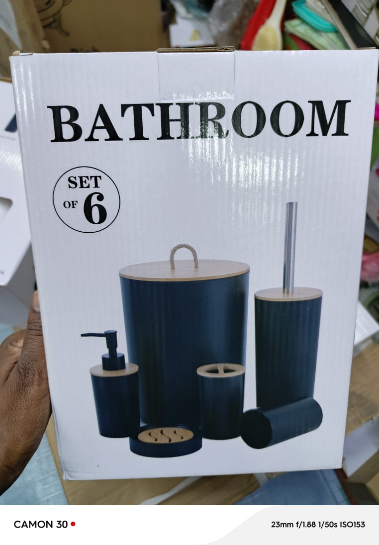 6-in-1 Bathroom Accessories Set with Wooden Top