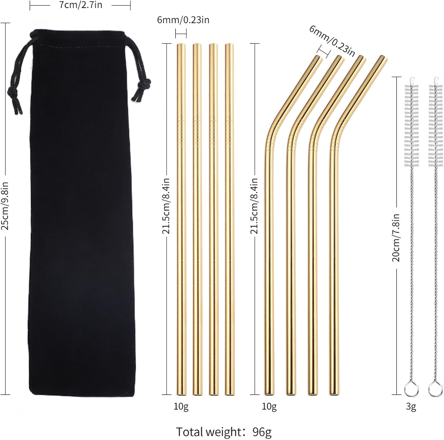 Reusable Stainless Steel Straws With For Case Long Drinking Straws For Cups Dishwasher Safe 2 Brushes Included