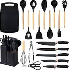 SILICONE COOKING UTENSILS SET - 19 PCS KITCHEN UTENSILS HEAT RESISTANT/NON-STICK/NON TOXIC/BPA FREE SILICON SPOONS SPATULA WHISK TONGS MIXING SPOON,WOODEN HANDLE KITCHEN UTENSIL SET WITH HOLDER
