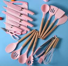 SILICONE COOKING UTENSILS SET - 19 PCS KITCHEN UTENSILS HEAT RESISTANT/NON-STICK/NON TOXIC/BPA FREE SILICON SPOONS SPATULA WHISK TONGS MIXING SPOON,WOODEN HANDLE KITCHEN UTENSIL SET WITH HOLDER