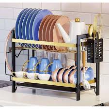 Metallic 2 tier dish rack with cutlery holder anti rust for kitchen utensils