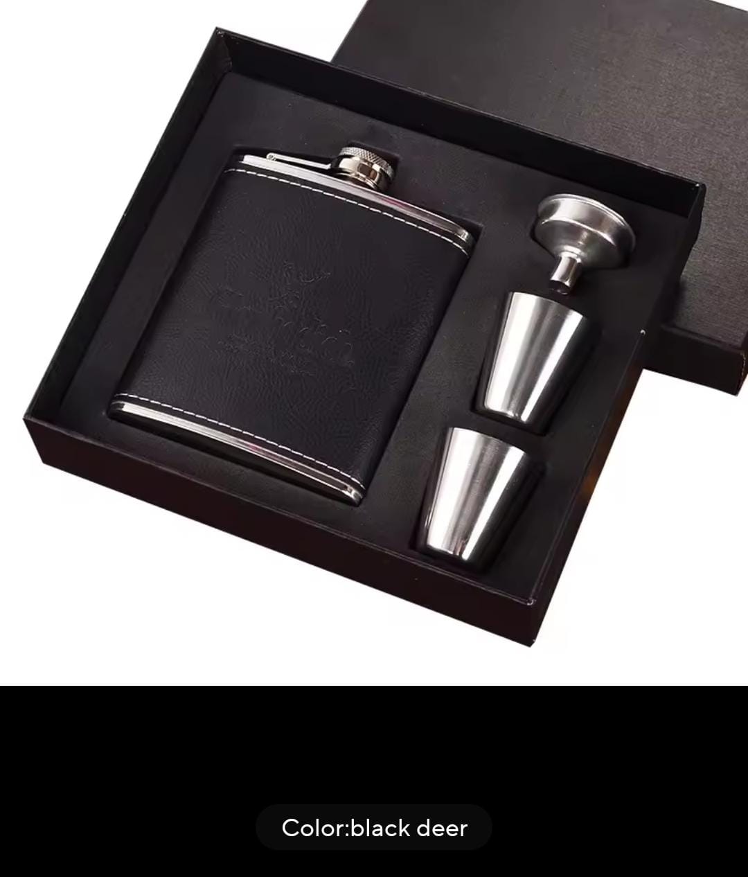STAINLESS LEATHER WHISKY/WHISKEY BOTTLE HIP + 2 TOT CUPS