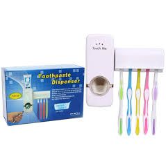 Tooth paste dispenser, 5 Pcs Toothbrush Holder Easy Mount Installation Toothbrush Squeezer Automatic Toothpaste Pump Dispenser Wall Mounted Toothpaste Dispenser Organizer for Family Bathroom