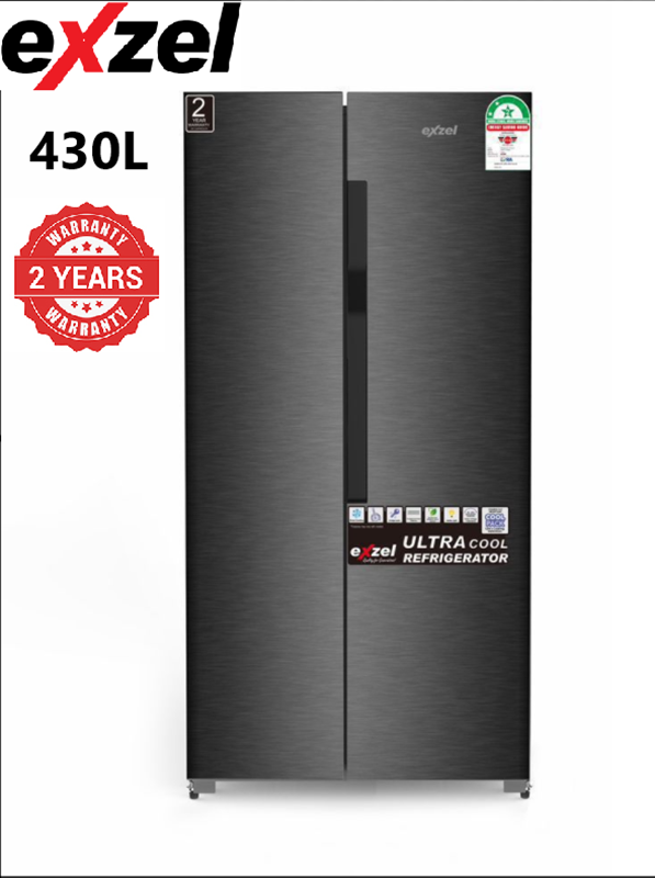 Exzel Fridge, 430L, 2 Door Side By Side, No Frost (Frost Free), INVERTER Compressor, Black Inox 2 Year Warranty