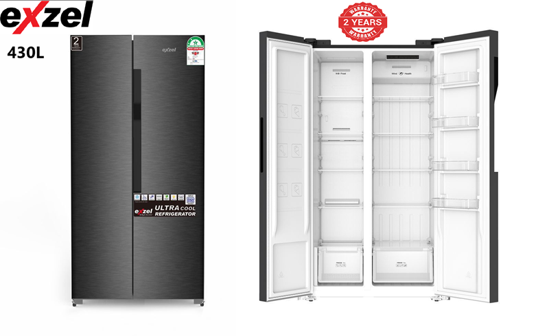 Exzel Fridge, 430L, 2 Door Side By Side, No Frost (Frost Free), INVERTER Compressor, Black Inox 2 Year Warranty