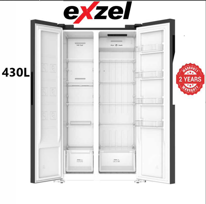 Exzel Fridge, 430L, 2 Door Side By Side, No Frost (Frost Free), INVERTER Compressor, Black Inox 2 Year Warranty