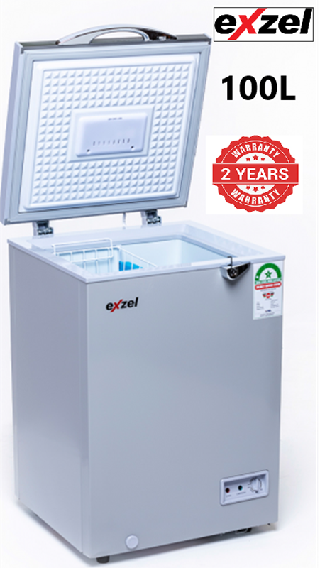 Exzel 100l Chest Freezer: ECF-100, Sliding Glass Door Dual Fridge/Freezer Function Epoxy White Coated Silver Grey 2 Years Warranty.