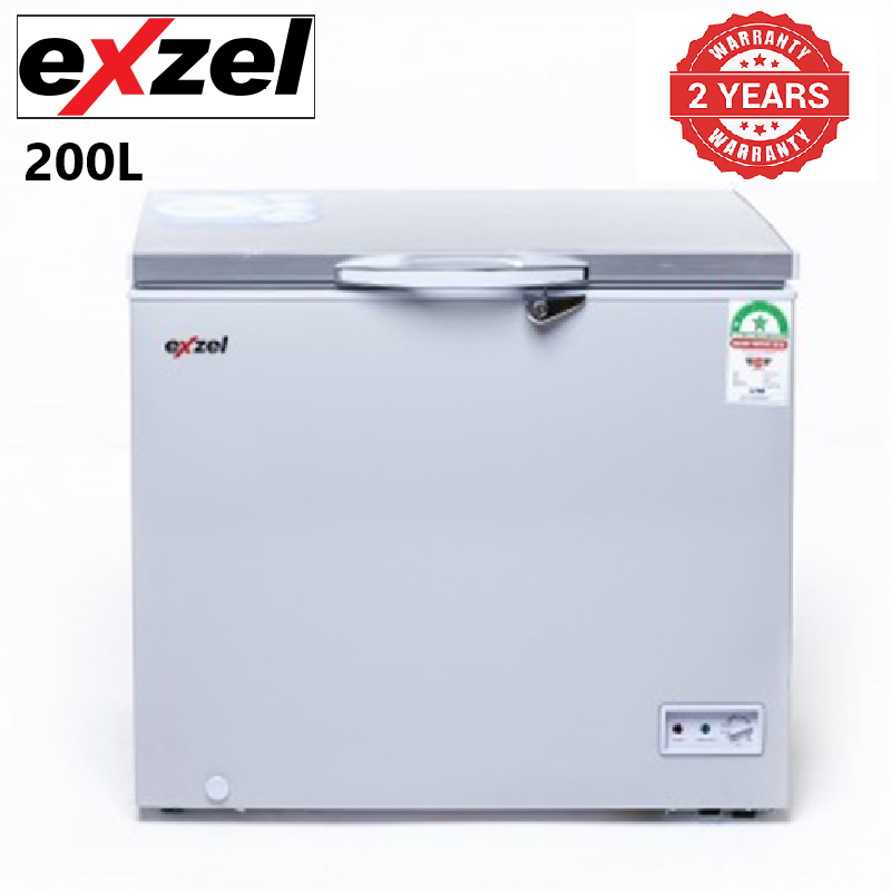 Exzel Chest Freezer: 200L ECF-210 Cool Pack Technology Epoxy White Coated Anti-Rust Interior Handle with Integrated Lock Silver/Grey 2 Year Warranty.