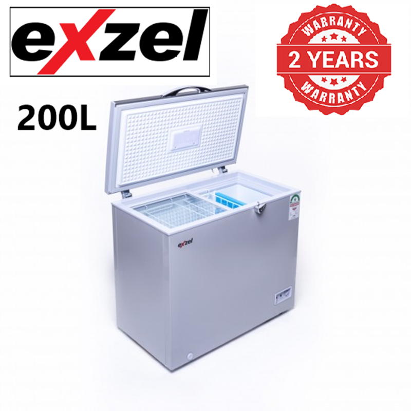 Exzel Chest Freezer: 200L ECF-210 Cool Pack Technology Epoxy White Coated Anti-Rust Interior Handle with Integrated Lock Silver/Grey 2 Year Warranty.