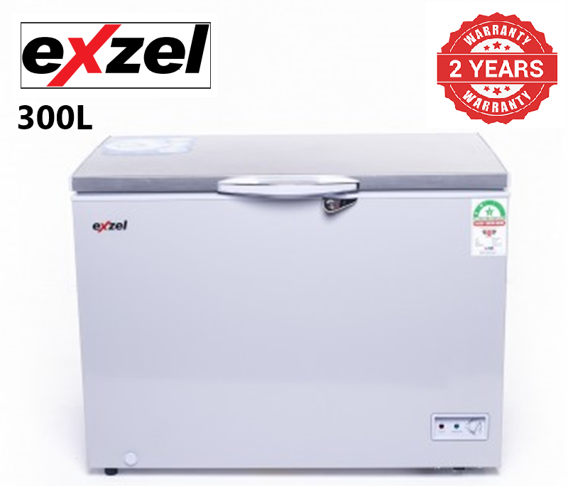 Exzel Chest Freezer 300L: ECF-300, Cool Pack Technology Epoxy White Coated Anti-Rust Interior Handle with Integrated Lock silver grey 2 Year Warranty.