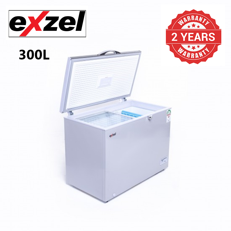 Exzel Chest Freezer 300L: ECF-300, Cool Pack Technology Epoxy White Coated Anti-Rust Interior Handle with Integrated Lock silver grey 2 Year Warranty.