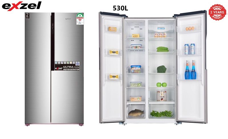 Exzel Fridge, 530L, 2 Door Side By Side, No Frost (Frost Free), INVERTER Compressor, Inox. 2 Year Warranty