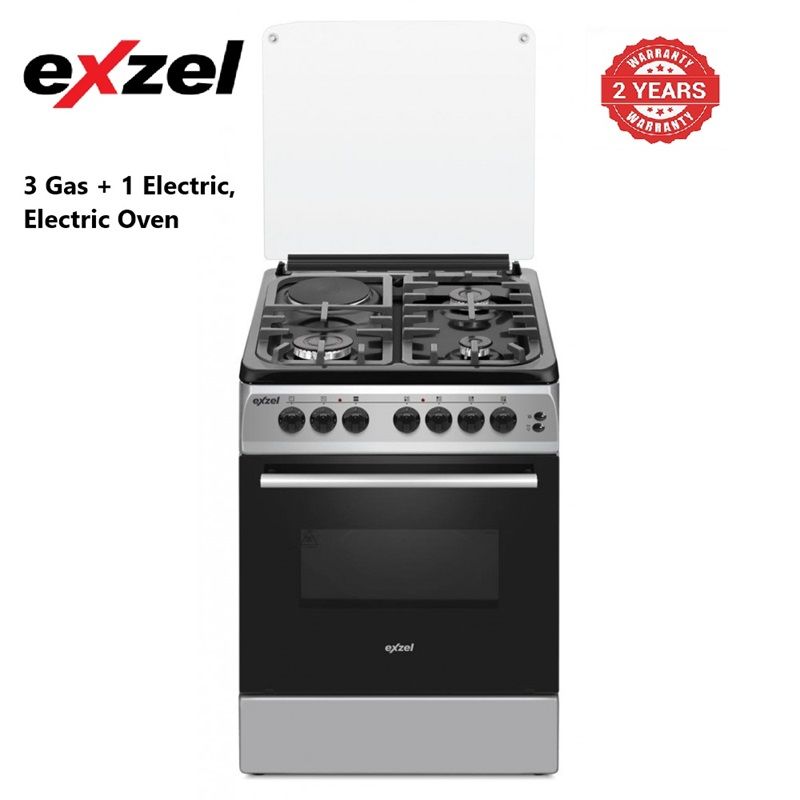 Exzel 3 Gas + 1 Electric Electric Oven: EG6631GY, 60cm*60cm, 3 Gas Europool burners and 1 Hotplate, Electrical Grill, Auto Ignotion. Grey/Black 2 Year Warranty.