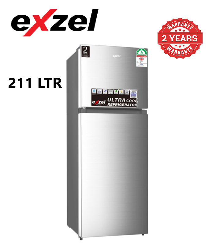 Exzel 211L Direct Cool Fridge: ERD251SL Direct Cool, Double Door, Large Freezer, Glass Dark Silver Trays, 2 Year Warranty.