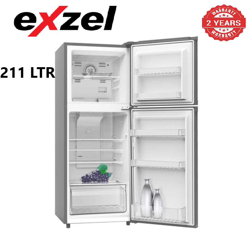 Exzel 211L Direct Cool Fridge: ERD251SL Direct Cool, Double Door, Large Freezer, Glass Dark Silver Trays, 2 Year Warranty.