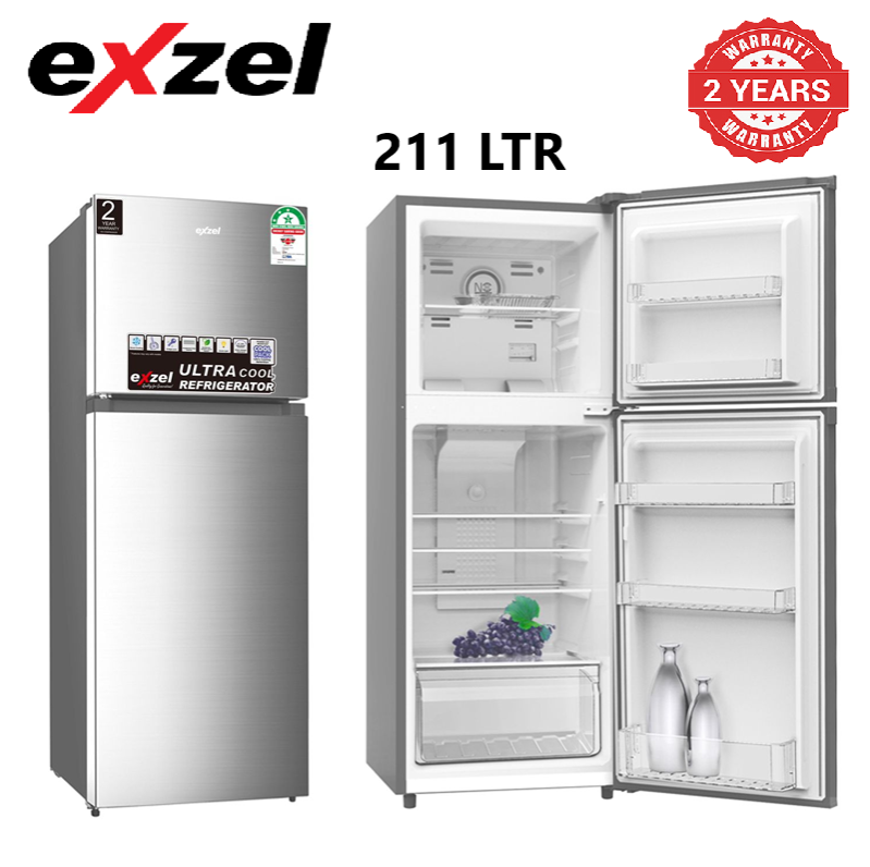 Exzel 211L Direct Cool Fridge: ERD251SL Direct Cool, Double Door, Large Freezer, Glass Dark Silver Trays, 2 Year Warranty.