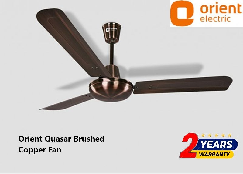 Orient Quasar Brushed Copper Fan, Lustrous lacquer coating, Available in electroplated and metallic finishes, 2 Year Warranty.