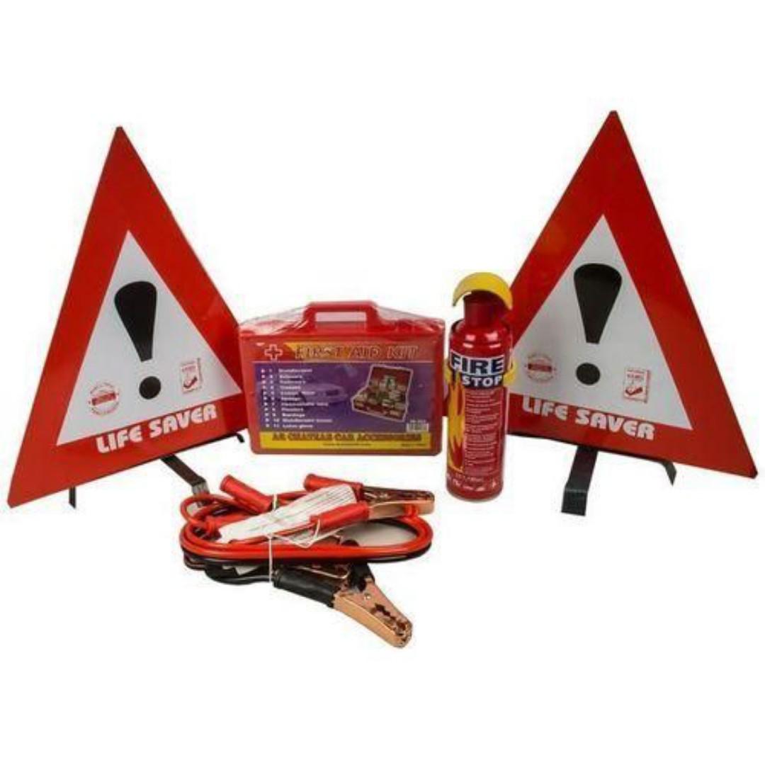 Car Safety Kit 4 in 1 - Life Saver Warning Triangles, Fire Extinguisher , First Aid Kit & Jumper Cables