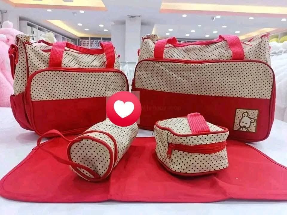 5-in-1 Dotted Baby Diaper Bag Set – Stylish & Spacious Organizer with Multiple Pockets, Insulated Bottle Holder & Changing Mat for On-the-Go Parents