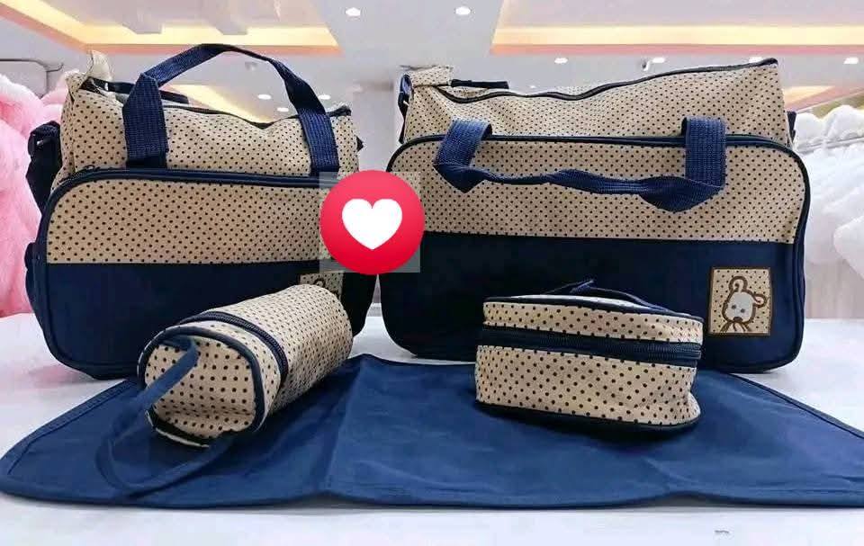 5-in-1 Dotted Baby Diaper Bag Set – Stylish & Spacious Organizer with Multiple Pockets, Insulated Bottle Holder & Changing Mat for On-the-Go Parents