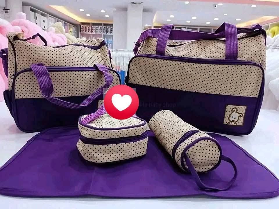 5-in-1 Dotted Baby Diaper Bag Set – Stylish & Spacious Organizer with Multiple Pockets, Insulated Bottle Holder & Changing Mat for On-the-Go Parents