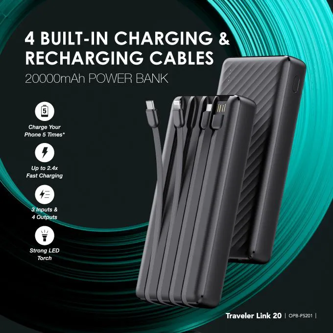 Oraimo Traveler Link 20 OPB-P5201 20,000mAh Power Bank with 4 built in charging & recharging cables