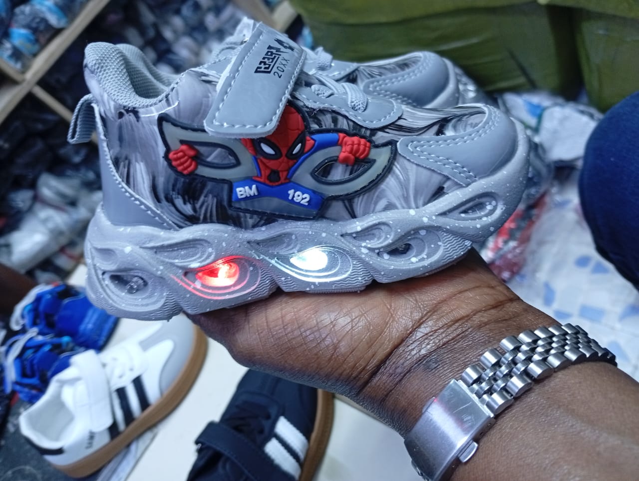 Spider sneaker shoes with lights on the soles for young boys
